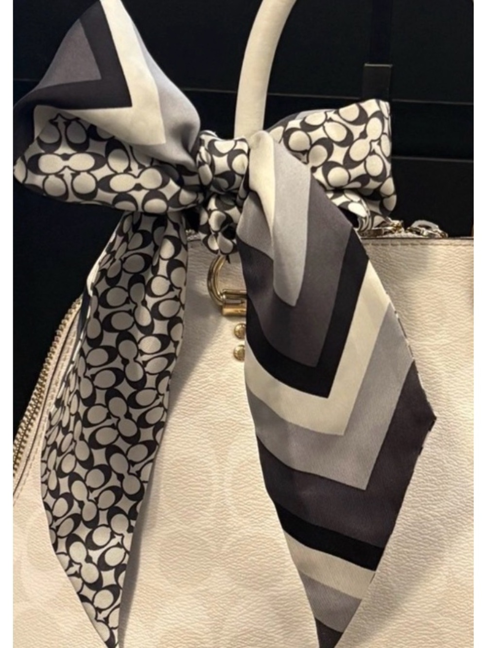 Coach Silk Skinny Scarf twilly ponytail scarf Signature C Logo black, gray white
